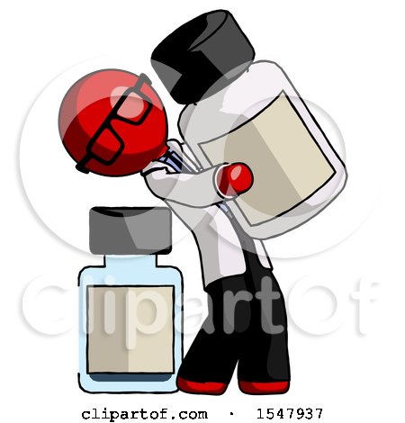 Red Doctor Scientist Man Holding Large White Medicine Bottle with Bottle in Background by Leo Blanchette