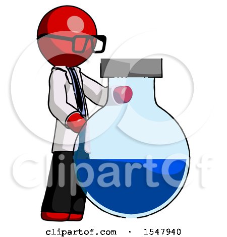 Red Doctor Scientist Man Standing Beside Large Round Flask or Beaker by Leo Blanchette