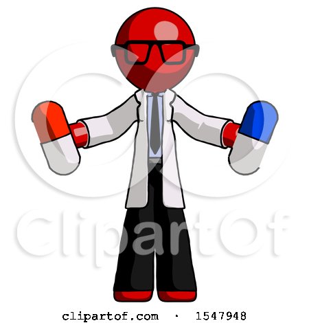 Red Doctor Scientist Man Holding a Red Pill and Blue Pill by Leo Blanchette