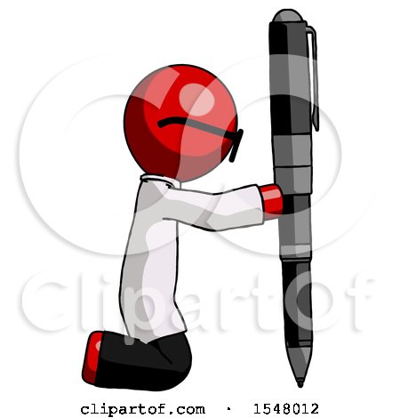 Red Doctor Scientist Man Posing with Giant Pen in Powerful yet Awkward Manner. by Leo Blanchette
