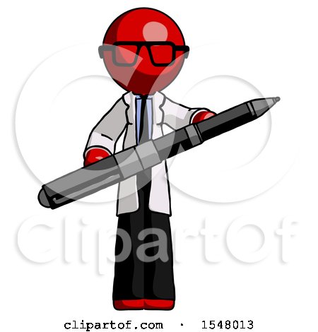 Red Doctor Scientist Man Posing Confidently with Giant Pen by Leo Blanchette
