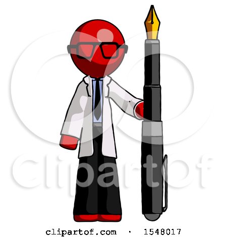 Red Doctor Scientist Man Holding Giant Calligraphy Pen by Leo Blanchette
