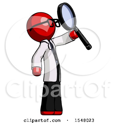 Red Doctor Scientist Man Inspecting with Large Magnifying Glass Facing up by Leo Blanchette