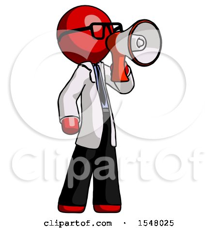 Red Doctor Scientist Man Shouting into Megaphone Bullhorn Facing Right by Leo Blanchette