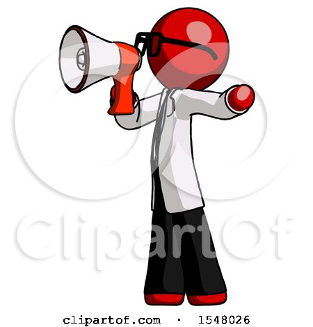 Red Doctor Scientist Man Shouting into Megaphone Bullhorn Facing Left by Leo Blanchette