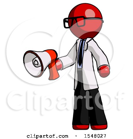 Red Doctor Scientist Man Holding Megaphone Bullhorn Facing Right by Leo Blanchette