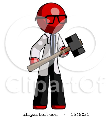Red Doctor Scientist Man with Sledgehammer Standing Ready to Work or Defend by Leo Blanchette