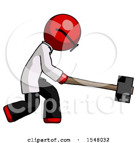 Red Doctor Scientist Man Hitting with Sledgehammer, or Smashing Something by Leo Blanchette