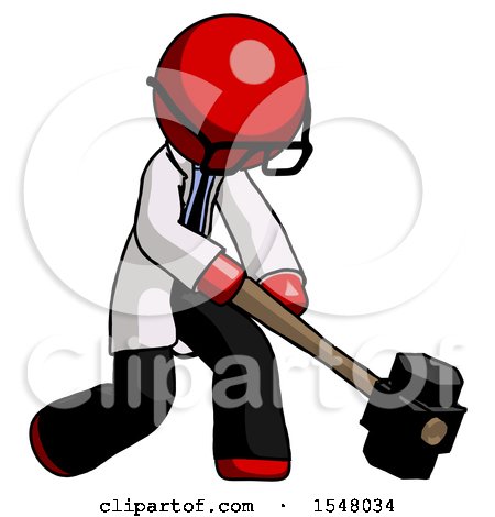 Red Doctor Scientist Man Hitting with Sledgehammer, or Smashing Something at Angle by Leo Blanchette