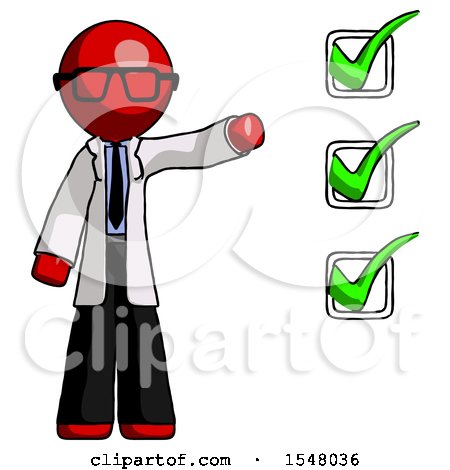 Red Doctor Scientist Man Standing by List of Checkmarks by Leo Blanchette