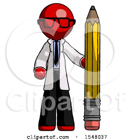 Red Doctor Scientist Man with Large Pencil Standing Ready to Write by Leo Blanchette