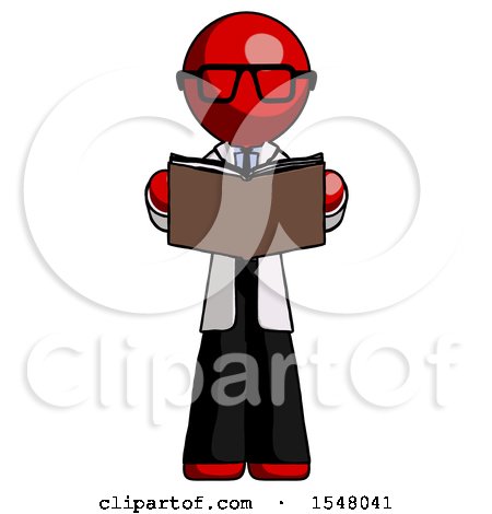 Red Doctor Scientist Man Reading Book While Standing up Facing Viewer by Leo Blanchette