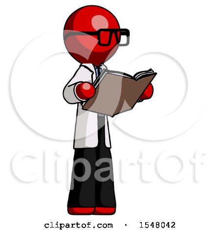 Red Doctor Scientist Man Reading Book While Standing up Facing Away by Leo Blanchette