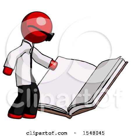 Red Doctor Scientist Man Reading Big Book While Standing Beside It by Leo Blanchette
