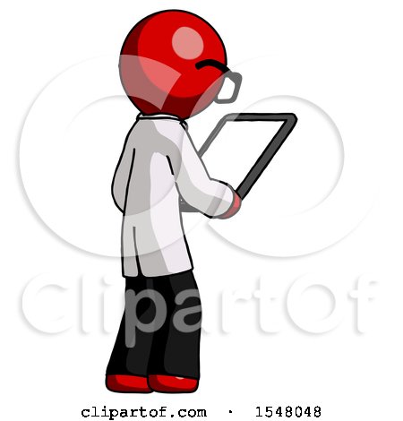 Red Doctor Scientist Man Looking at Tablet Device Computer Facing Away by Leo Blanchette
