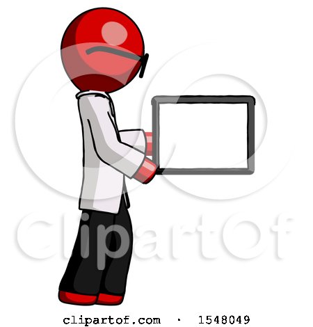 Red Doctor Scientist Man Show Tablet Device Computer to Viewer, Blank Area by Leo Blanchette