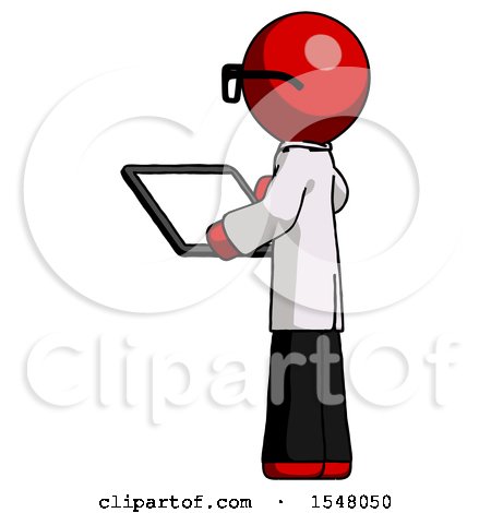 Red Doctor Scientist Man Looking at Tablet Device Computer with Back to Viewer by Leo Blanchette