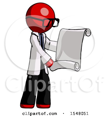 Red Doctor Scientist Man Holding Blueprints or Scroll by Leo Blanchette