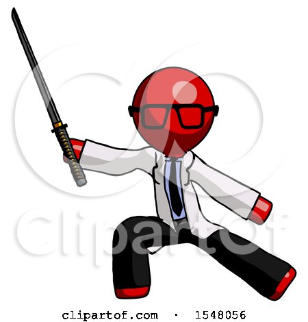 Red Doctor Scientist Man with Ninja Sword Katana in Defense Pose by Leo Blanchette