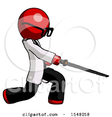 Red Doctor Scientist Man with Ninja Sword Katana Slicing or Striking Something by Leo Blanchette