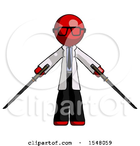 Red Doctor Scientist Man Posing with Two Ninja Sword Katanas by Leo Blanchette