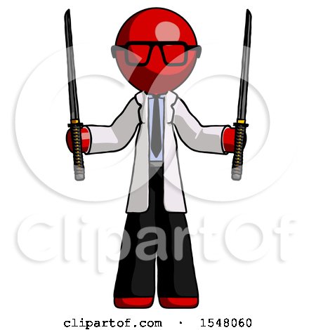Red Doctor Scientist Man Posing with Two Ninja Sword Katanas up by Leo Blanchette