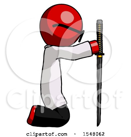 Red Doctor Scientist Man Kneeling with Ninja Sword Katana Showing Respect by Leo Blanchette
