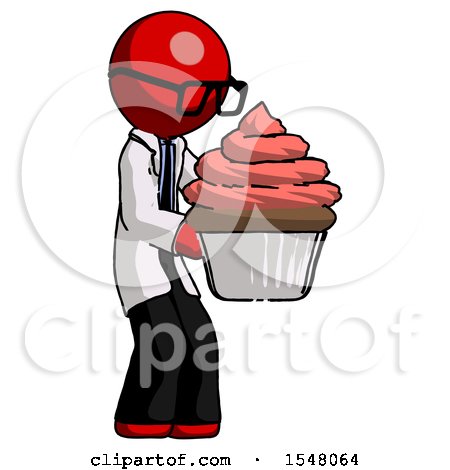 Red Doctor Scientist Man Holding Large Cupcake Ready to Eat or Serve by Leo Blanchette