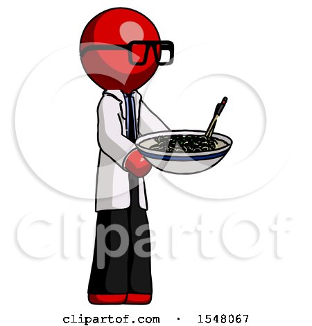Red Doctor Scientist Man Holding Noodles Offering to Viewer by Leo Blanchette