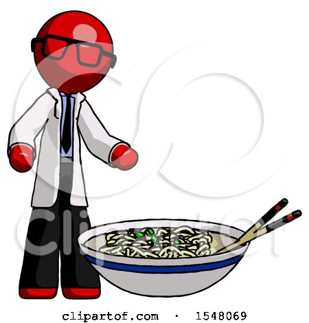 Red Doctor Scientist Man and Noodle Bowl, Giant Soup Restaraunt Concept by Leo Blanchette