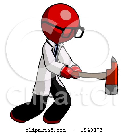 Red Doctor Scientist Man with Ax Hitting, Striking, or Chopping by Leo Blanchette