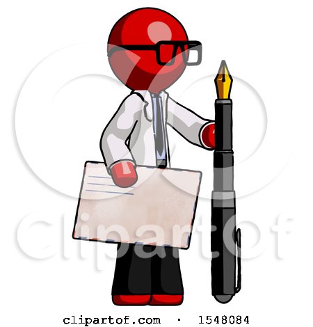 Red Doctor Scientist Man Holding Large Envelope and Calligraphy Pen by Leo Blanchette