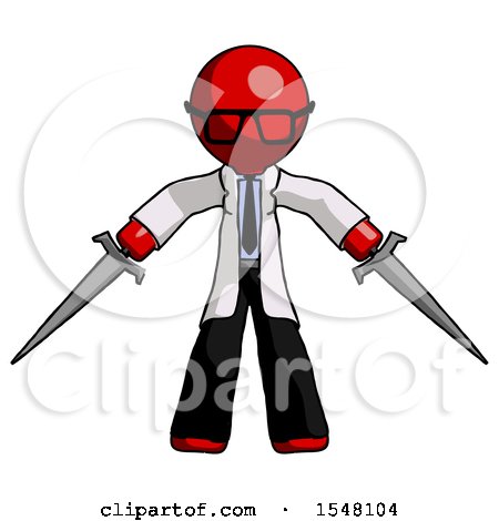 Red Doctor Scientist Man Two Sword Defense Pose by Leo Blanchette