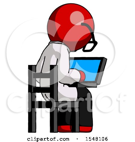 Red Doctor Scientist Man Using Laptop Computer While Sitting in Chair View from Back by Leo Blanchette