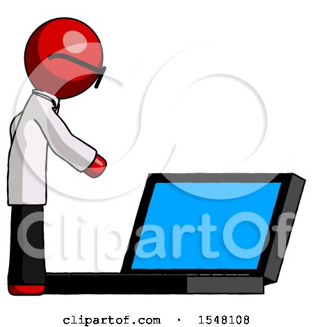 Red Doctor Scientist Man Using Large Laptop Computer Side Orthographic View by Leo Blanchette