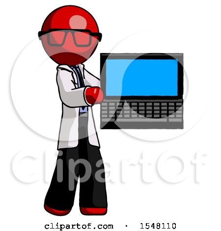Red Doctor Scientist Man Holding Laptop Computer Presenting Something on Screen by Leo Blanchette