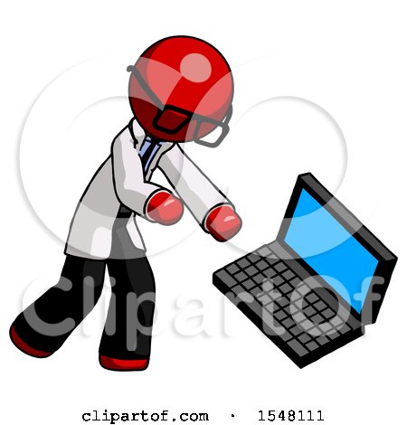 Red Doctor Scientist Man Throwing Laptop Computer in Frustration by Leo Blanchette