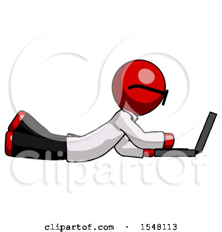 Red Doctor Scientist Man Using Laptop Computer While Lying on Floor Side View by Leo Blanchette