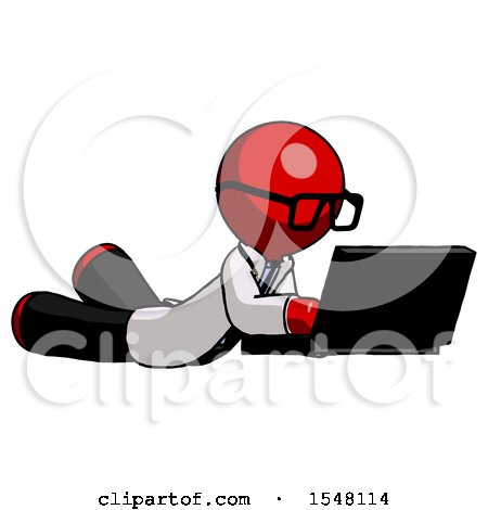 Red Doctor Scientist Man Using Laptop Computer While Lying on Floor Side Angled View by Leo Blanchette