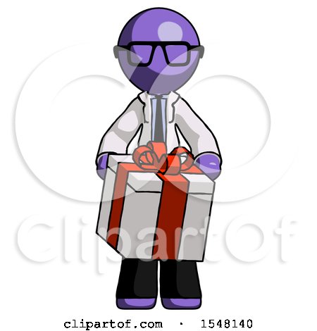 Purple Doctor Scientist Man Gifting Present with Large Bow Front View by Leo Blanchette