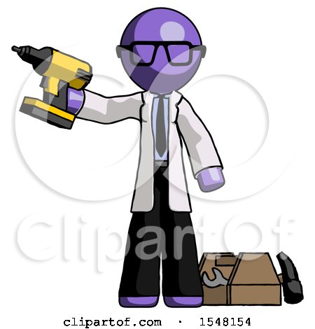 Purple Doctor Scientist Man Holding Drill Ready to Work, Toolchest and Tools to Right by Leo Blanchette