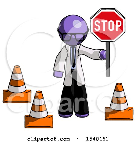 Purple Doctor Scientist Man Holding Stop Sign by Traffic Cones Under Construction Concept by Leo Blanchette