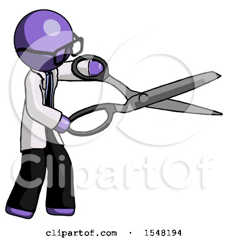 Purple Doctor Scientist Man Holding Giant Scissors Cutting out Something by Leo Blanchette