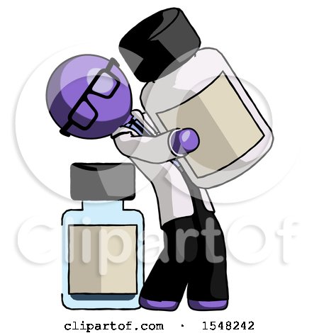 Purple Doctor Scientist Man Holding Large White Medicine Bottle with Bottle in Background by Leo Blanchette