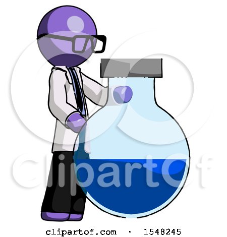 Purple Doctor Scientist Man Standing Beside Large Round Flask or Beaker by Leo Blanchette