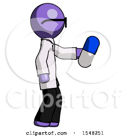 Purple Doctor Scientist Man Holding Blue Pill Walking to Right by Leo Blanchette