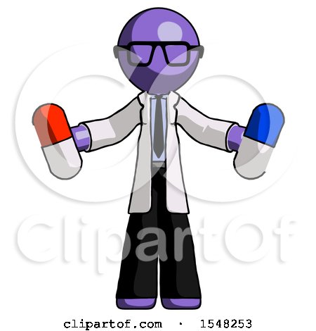 Purple Doctor Scientist Man Holding a Red Pill and Blue Pill by Leo Blanchette
