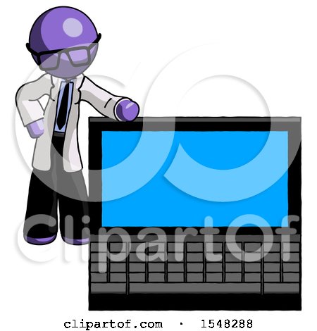 Purple Doctor Scientist Man Beside Large Laptop Computer, Leaning Against It by Leo Blanchette