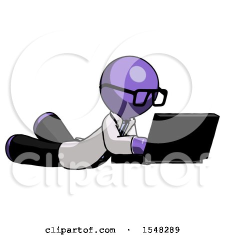 Purple Doctor Scientist Man Using Laptop Computer While Lying on Floor Side Angled View by Leo Blanchette