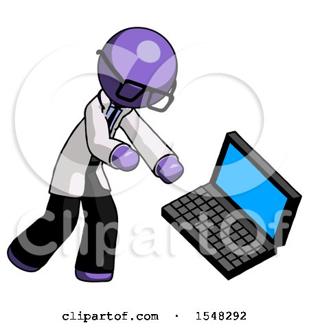 Purple Doctor Scientist Man Throwing Laptop Computer in Frustration by Leo Blanchette
